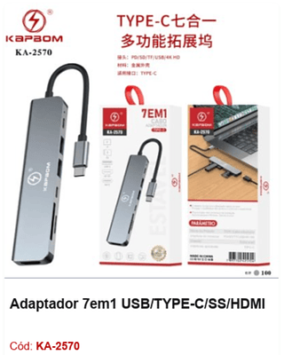 Adaptador 7em1 USB/TYPE-C/SS/HDMI R$ 25,65 PCS/Cx:100