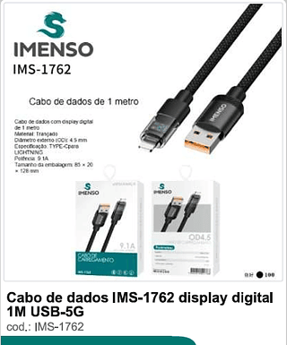 Cabo de dados display digital 1M USB-5G 100PC/CX R$9,9