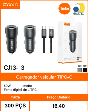 Carregador veicular TIPO-C Caixa 300 PCS Preco Unitario 16,40