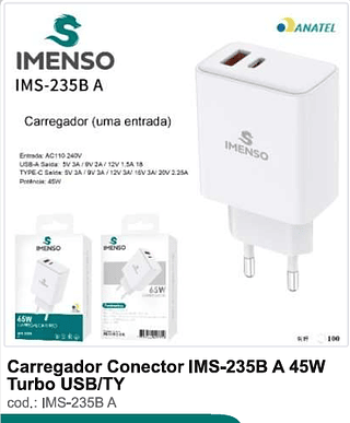 Carregador Conector 45W Turbo USB/TY 100PC/CX R$27