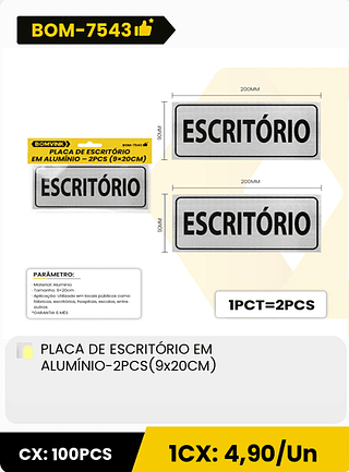 PLACA DE ESCRITÓRIO EM ALUMÍNIO-2PCS(9x20CM) CX: 100PCS 1CX: 4,90/Un