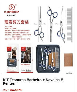 KIT Tesouras Barbeiro + Navalha E Pentes R$ 27,9 PCS/CX:50