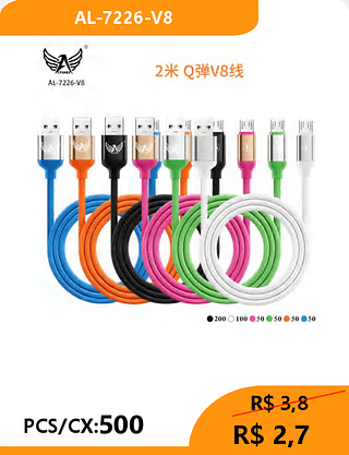 CABO COLORIDO V8 2M PCS/CX:500 R$ 2,7