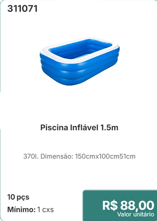 Piscina Inflável 1.5m 10 pçs R$ 88,00