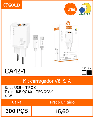 Kit carregador V8 9.1A Caixa 300 PCS Preco Unitario 15,60