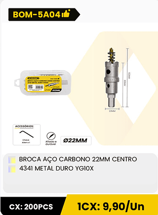 BROCA AÇO CARBONO 22MM CENTRO 4341 METAL DURO YGI0X CX: 200PCS ICX: 9,90/Un