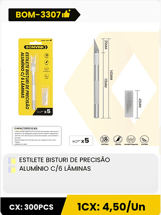 ESTILETE BISTURI DE PRECISÃO ALUMÍNIO C/6 LÂMINAS CX: 300PCS 1CX: 4,50/Un