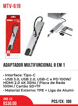 ADAPTADOR MULTIFUNCIONAL 8 EM 1 100pç=30$