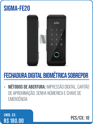 FECHADURA DIGITAL BIOMÉTRICA SOBREPOR UNID. CX: R$ 180.00 PCS/CX: 10
