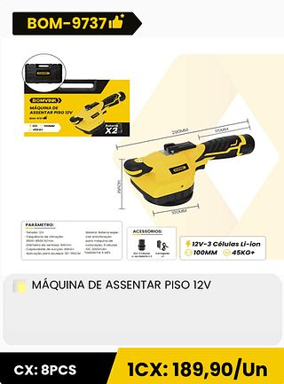 MÁQUINA DE ASSENTAR PISO 12V CX: 8PCS 1CX: 189,90/Un