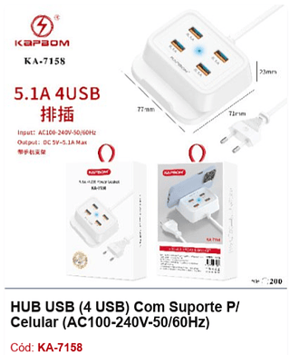 HUB USB (4 USB) Com Suporte P/ Celular (AC100-240V-50/60Hz) R$ 7,2 PCS/cx:200