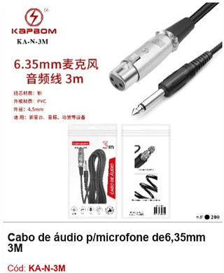 Cabo de áudio p/microfone de6,35mm 3M R$ 5,85 PCS/Cx:200