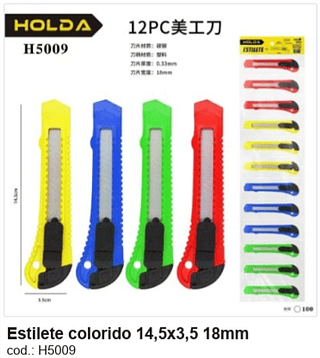 Estilete colorido 14,5x3,5 18mm R$ 10,8 PC/CX:100