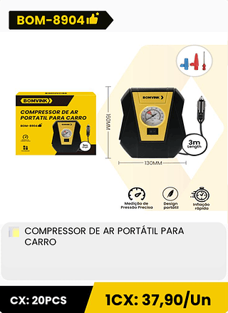 COMPRESSOR DE AR PORTATIL PARA CARRO CX: 20PCS 1CX: 37,90/Un
