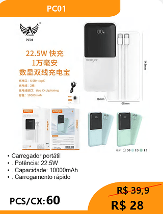 Carregador portátil PCS/CX:60 R$ 28