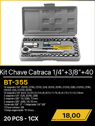Kit Chave Catraca 1/4”+3/8”+40 20PCS R$18,00