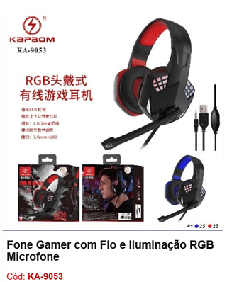 Fone Gamer com Fio e Iluminação RGB Microfone R$40,5 PCS/CX:50