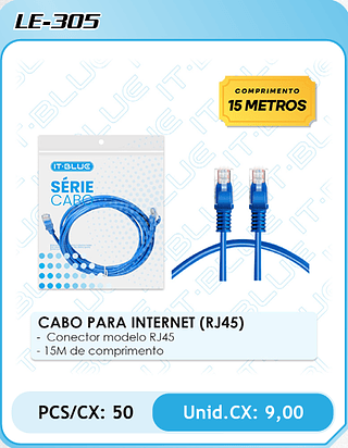 CABO PARA INTERNET (RJ45) - Conector modelo RJ45 - 15M de comprimento PCS/CX: 50 Unid.CX: 9,00