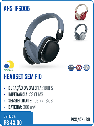 HEADSET SEM FIO UNID. CX: R$ 43.00 PCS/CX: 30