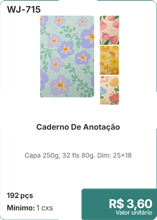 Caderno De Anotação 192 pçs R$ 3,60
