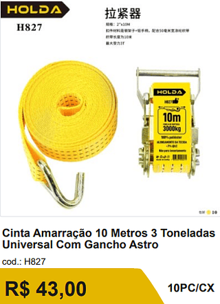 Cinta Amarração 10 Metros 3 Toneladas Universal Com Gancho Astro R$ 38.70 10PC/CX