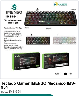 Teclado Gamer IMENSO Mecânico 20PC/CX R$95,4