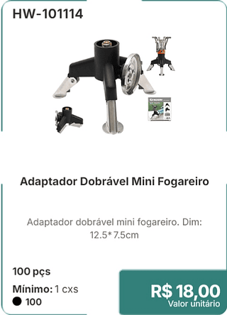 Adaptador Dobrável Mini Fogareiro 100 pçs R$ 18,00