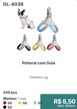 Peitoral com Guia 240 pçs R$ 8.50