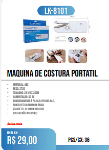 MAQUINA DE COSTURA PORTATIL PCS/CX: 36 UNID. CX: r$ 29,00