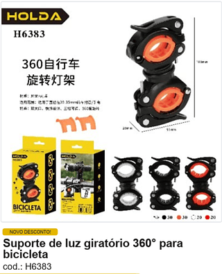 Suporte de luz giratório 360° para bicicleta R$ 7,92 PC/CX:100