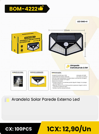 Arandela Solar Parede Externo Led CX: 100PCS 1CX: 12,90/Un