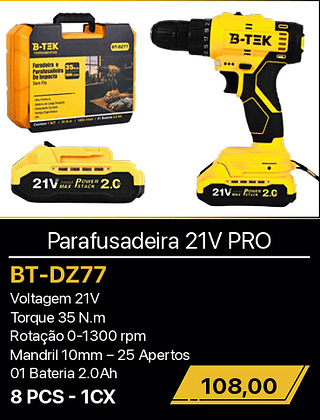 Parafusadeira 21V PRO 8PCS R$108,00