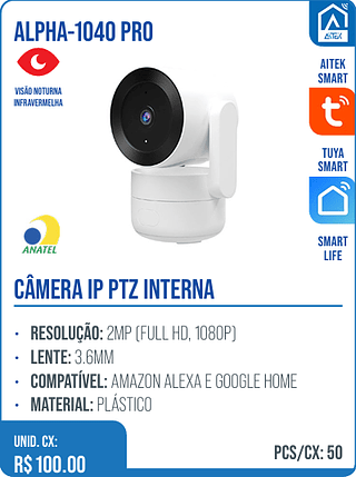 CÂMERA IP PTZ INTERNA UNID. CX: R$ 100.00 PCS/CX: 50