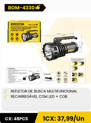 REFLETOR DE BUSCA MULTIFUNCIONAL RECARREGÁVEL COM LED + COB CX: 48PCS 1CX: 37,99/Un