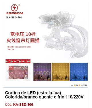 Cortina de LED (estrela-lua) Colorida/branco quente e frio 110/220V R$ 22,5 PCS/CX: 50