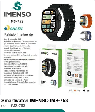 Smartwatch IMENSO R$72 PC/CX 40