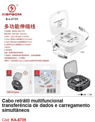 Cabo retrátil multifuncional transferência de dados e carregamento simultâneos R$ 18 PCS/Cx:200