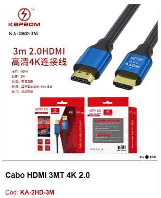 Cabo HDMI 3MT 4K 2.0 R$ 11,7 PCS/CX:100