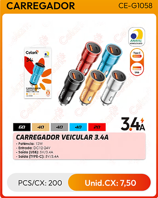 CARREGADOR VEICULAR 3.4A PCS/CX: 200 Unid.CX: 7,50