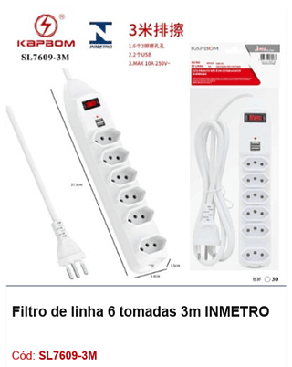 Filtro de linha 6 tomadas 3m INMETRO R$ 36 PCS/CX:30