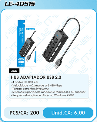 HUB ADAPTADOR USB 2.0 - 4 portas de USB 2.0 PCS/CX: 200 Unid.CX: 6,00