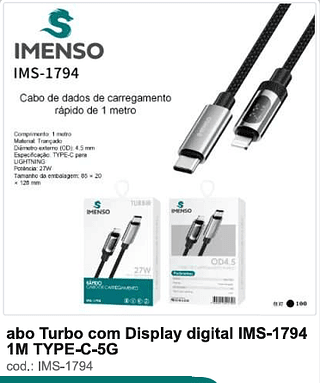 Cabo Turbo com Display digital 1M TYPE-C-5G 100PC/CX R$10,8