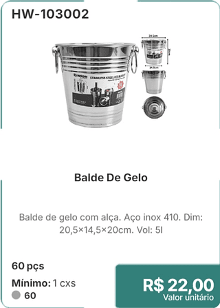 Balde De Gelo 60 pçs R$ 22,00