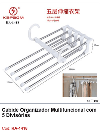 Cabide Organizador Multifuncional com 5 Divisórias R$ 16,2 PCS/Cx: 100