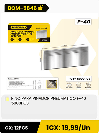 PINO PARA PINADOR PNEUMATICO F-40 5000PCS CX: 12PCS 1CX: 19,99/Un
