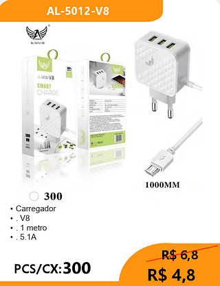 Carregador V8 PCS/CX:300 R$ 4,8
