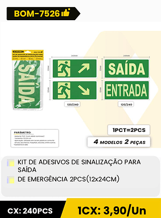KIT DE ADESIVOS DE SINALIZAÇÃO PARA SAÍDA DE EMERGÊNCIA 2PCS(12x24CM) CX: 240PCS 1CX: 3,90/Un