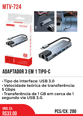 ADAPTADOR 3 EM 1 TIPO-C 200pç=33$