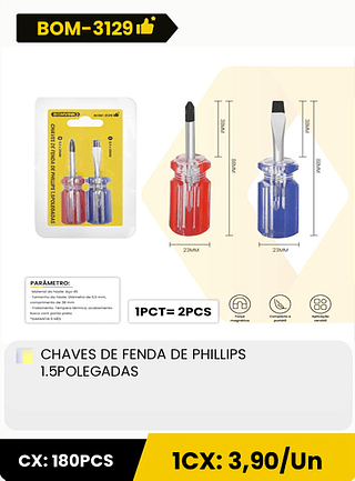 CHAVES DE FENDA DE PHILLIPS 1.5POLEGADAS CX: 180PCS 1CX: 3,90/Un