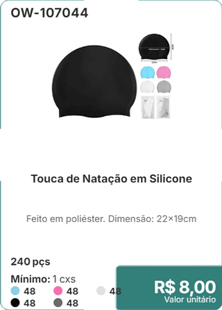 Touca de Natação em Silicone 240 pçs R$ 8,00